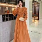 1 Colour Pleated Dress With Pletaed Sleeve (Bright Orange)