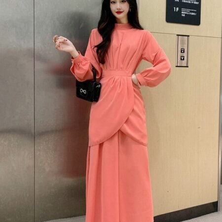 1 Colour Flower Pattern Round Neck Long Dress (Coral Pink)