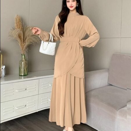 1 Colour Flower Pattern Round Neck Long Dress (Beige)