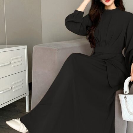 1 Colour Flower Pattern Round Neck Long Dress (Black)