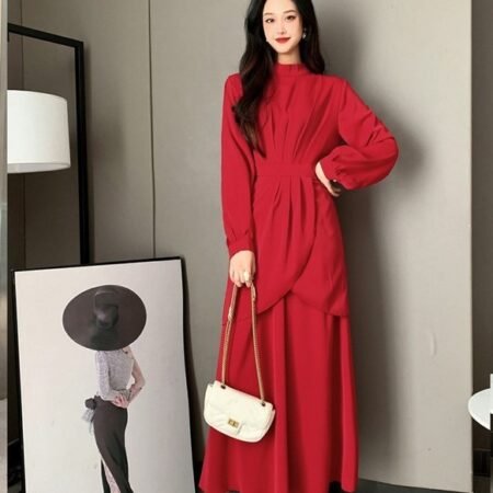 1 Colour Flower Pattern Round Neck Long Dress (Maroon Red)