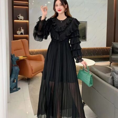 1 Colour Pleated Dress With Pletaed Sleeve (Black)
