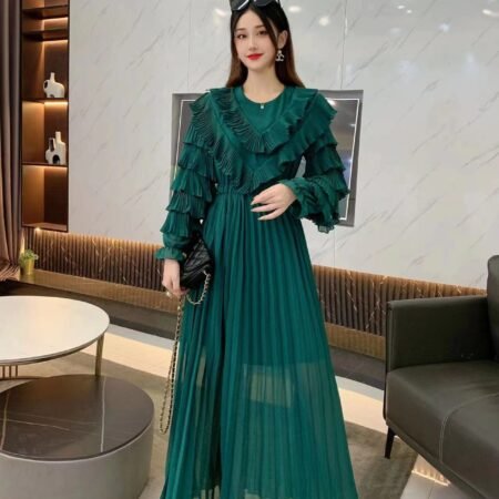 1 Colour Pleated Dress With Pletaed Sleeve ( Ocean Blue)