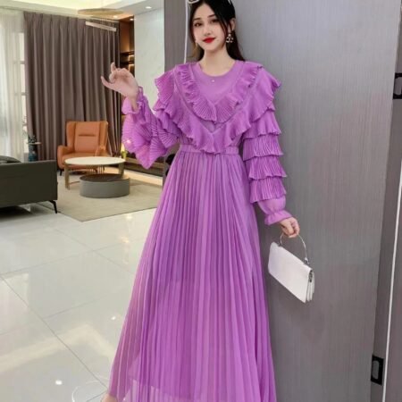 1 Colour Pleated Dress With Pletaed Sleeve (Light Purple)