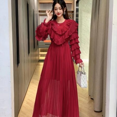 1 Colour Pleated Dress With Pletaed Sleeve ( Red)