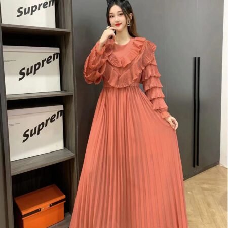 1 Colour Pleated Dress With Pletaed Sleeve (Coral pink)