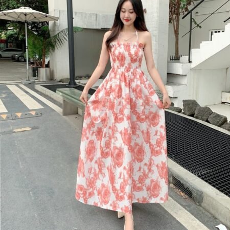 Floral Pattern Sling Dress (White Coral Pink)