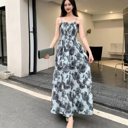 Floral Pattern Sling Dress (Ash Black)