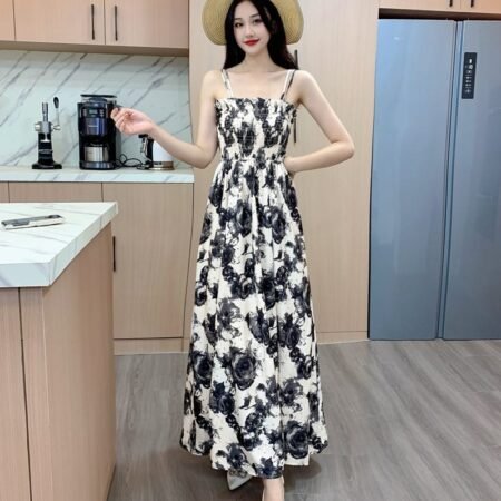 Floral Pattern Sling Dress (White Black)