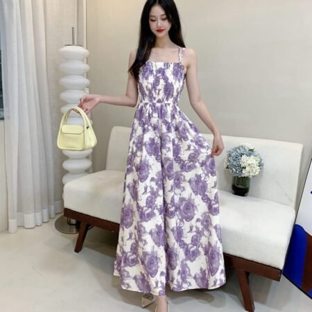 Floral Pattern Sling Dress (White Lavender)