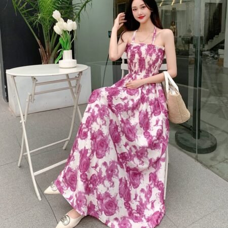 Floral Pattern Sling Dress (White Pink)