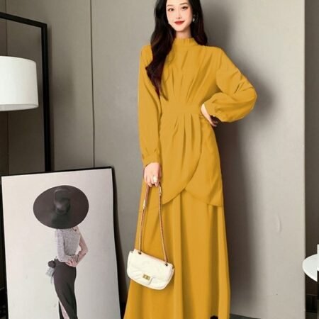 1 Colour Flower Pattern Round Neck Long Dress (Deep Yellow)