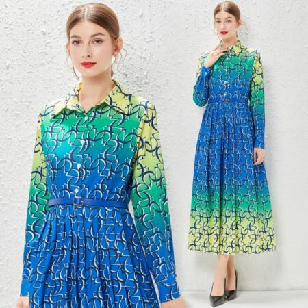 Blue-Yellow Mixed Printed Long Dress