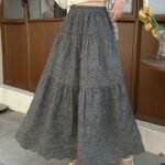 New French Retro Niche Elastic Waist Embroidered Long Skirt - Ash Black