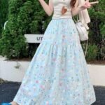 Gentle Korean Floral Skirt with Versatile High-Waisted Loose Slimming A-Line Skirt - Blue