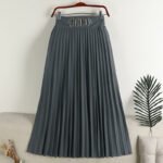 Versatile solid color swing A-line skirt medium length pleated skirt with show belt - Ash