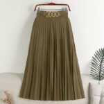 Versatile solid color swing A-line skirt medium length pleated skirt with show belt - Olive