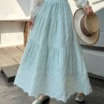 New French Retro Niche Elastic Waist Embroidered Long Skirt - Light Pease