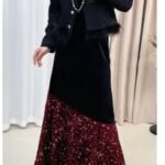 Velvet Sequin Flare Skirt - Red