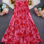 New summer fashion A-line skirt floral print long skirt - Red Pink