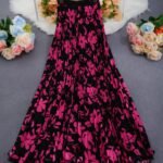New summer fashion A-line skirt floral print long skirt - Black pink