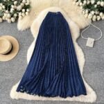 Women's 2026 Spring New Arrival Polka Dot Pleated Skirt with Wavy Hem - Navy Blue