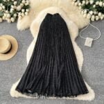 Women's 2026 Spring New Arrival Polka Dot Pleated Skirt with Wavy Hem - Black
