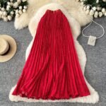 Women's 2026 Spring New Arrival Polka Dot Pleated Skirt with Wavy Hem - Red