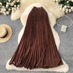 Women's 2026 Spring New Arrival Polka Dot Pleated Skirt with Wavy Hem - Dark Brown