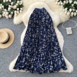 Sweet and Artistic Floral Pleated Skirt - Navy Blue