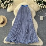 New Style Womens Striped Elastic Waist Versatile Skirt - Blue