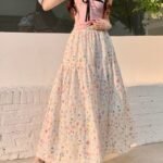 Gentle Korean Floral Skirt with Versatile High-Waisted Loose Slimming A-Line Skirt - Yellow