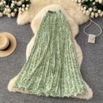 Ethnic-Style Floral Elegant Maxi Pleated Skirt - Green