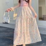 Gentle Korean Floral Skirt with Versatile High-Waisted Loose Slimming A-Line Skirt - White