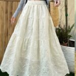 New French Retro Niche Elastic Waist Embroidered Long Skirt - Off White