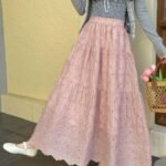 New French Retro Niche Elastic Waist Embroidered Long Skirt - Pink