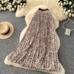Ethnic-Style Floral Elegant Maxi Pleated Skirt - Brown